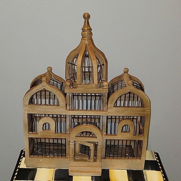 Vtg Wooden Birdcage Victorian Domed Cathedral Taj Mahal Door bird cage Wood boho - Picture 1 of 16